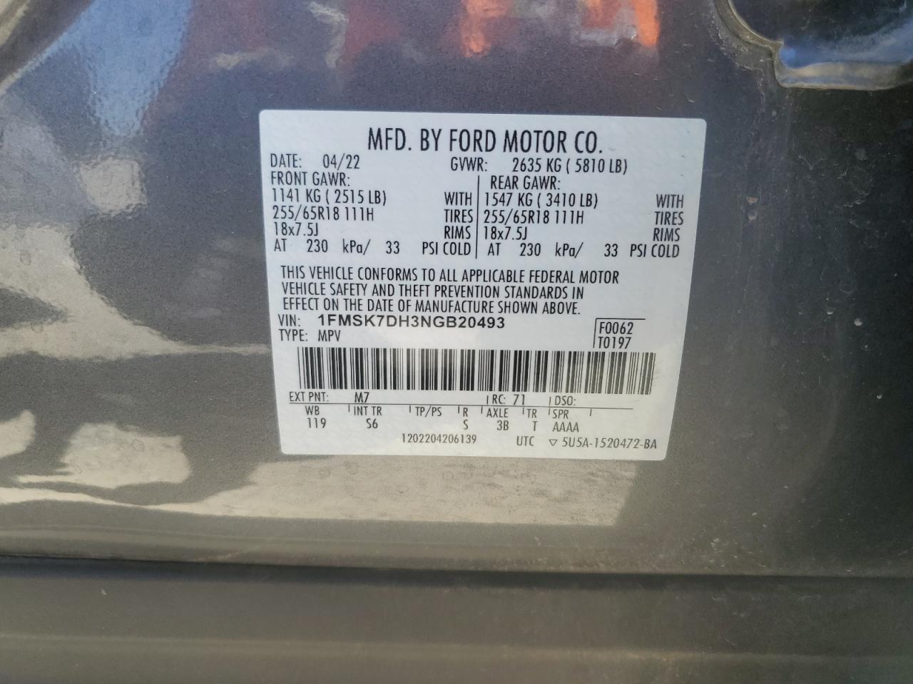 2022 FORD EXPLORER XLT VIN:1FMSK7DH3NGB20493