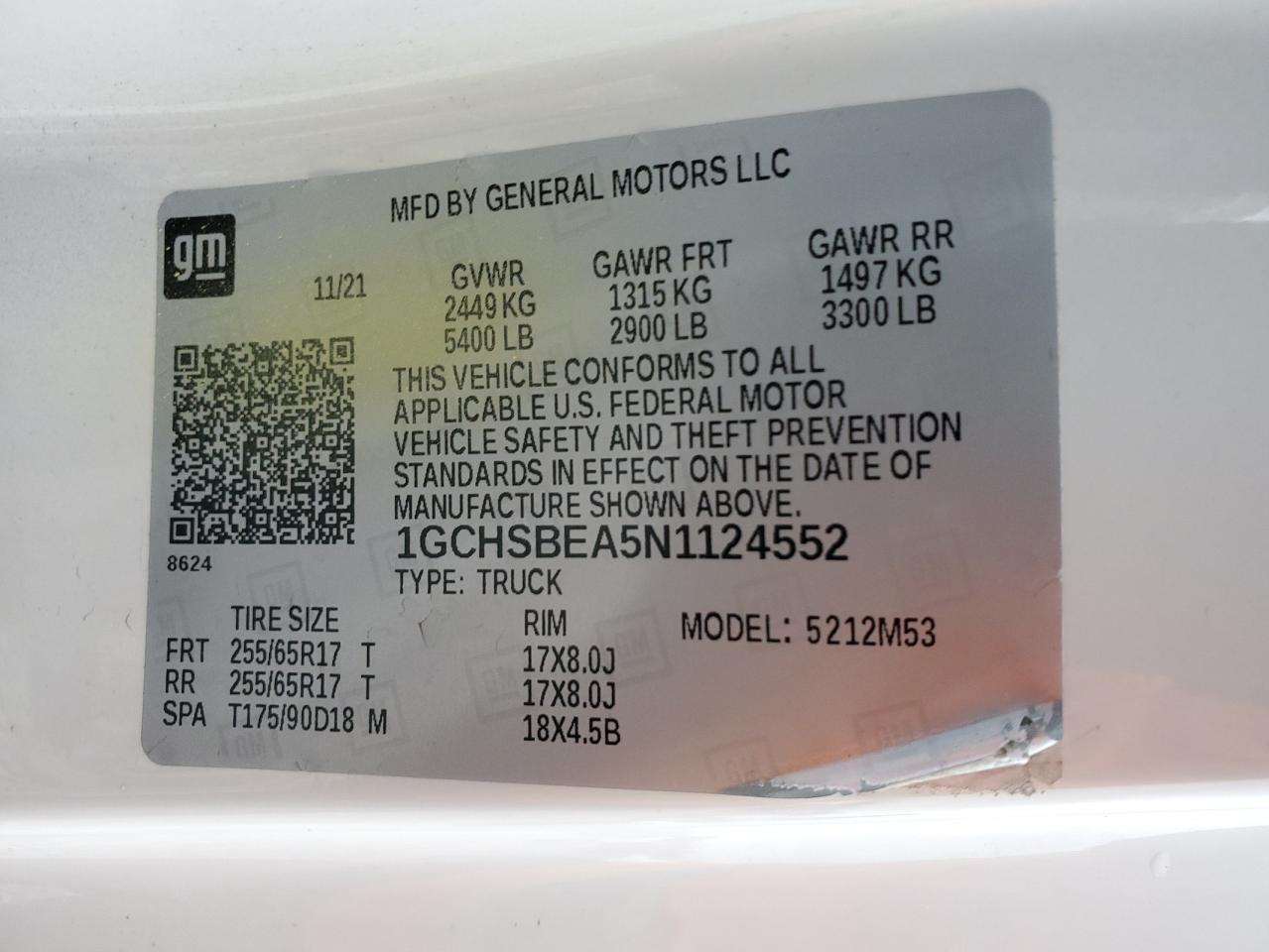 2022 CHEVROLET COLORADO  VIN:1GCHSBEA5N1124552