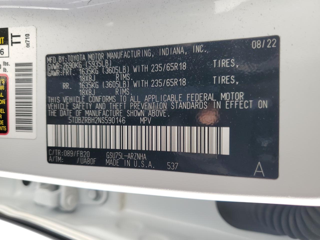 2022 TOYOTA HIGHLANDER L VIN:5TDBZRBH2NS590146