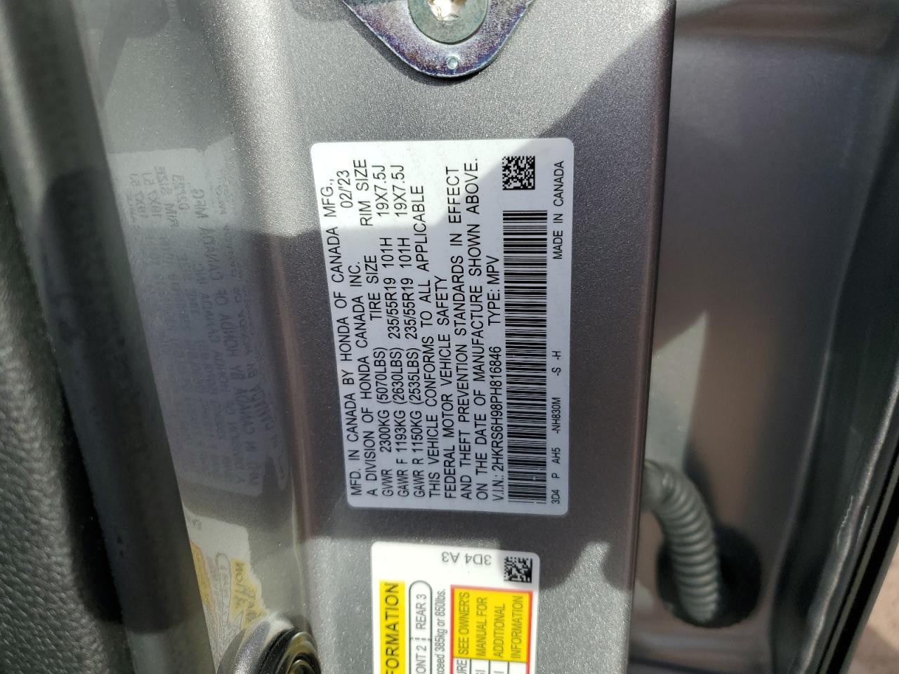 2023 HONDA CR-V SPORT TOURING VIN:2HKRS6H98PH816846