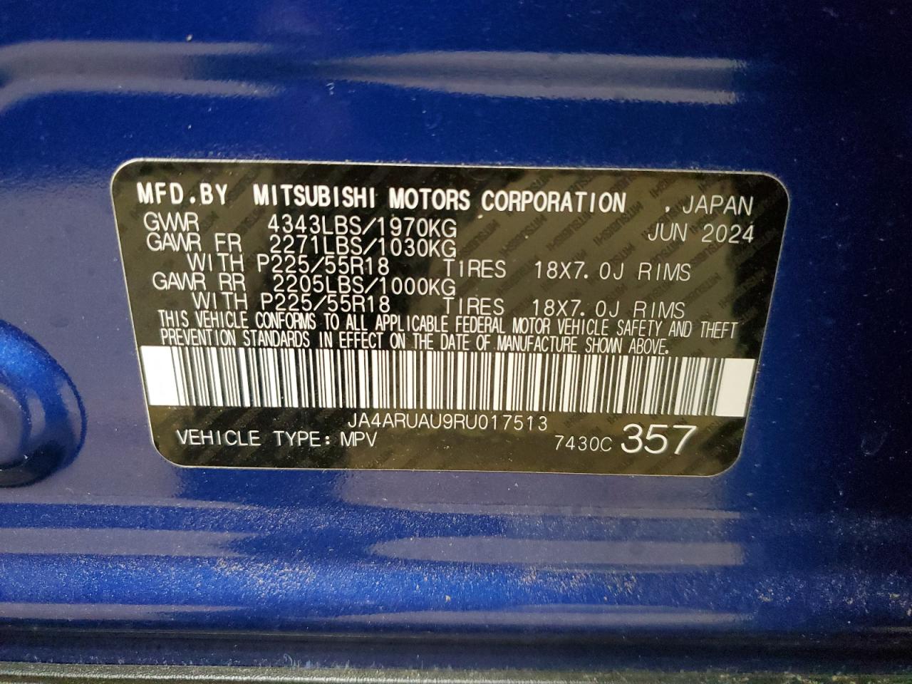 2024 MITSUBISHI OUTLANDER SPORT S/SE VIN:JA4ARUAU9RU017513