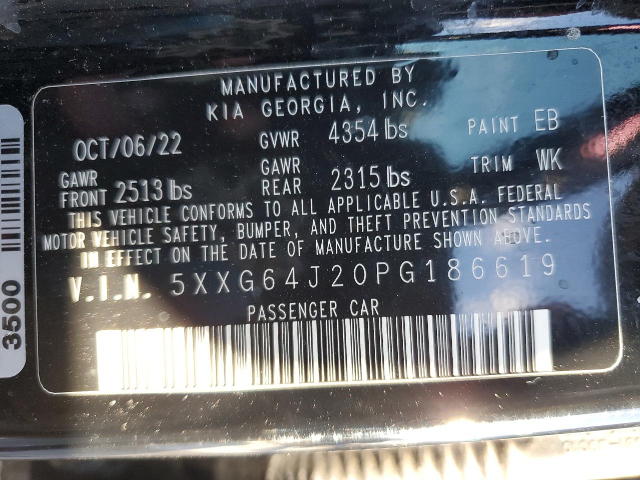 2023 KIA K5 GT LINE VIN:5XXG64J20PG186619