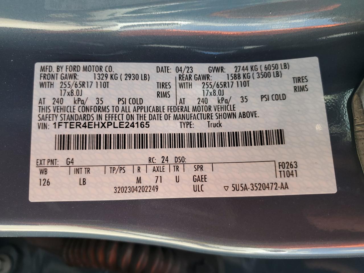 2023 FORD RANGER XL VIN:1FTER4EHXPLE24165