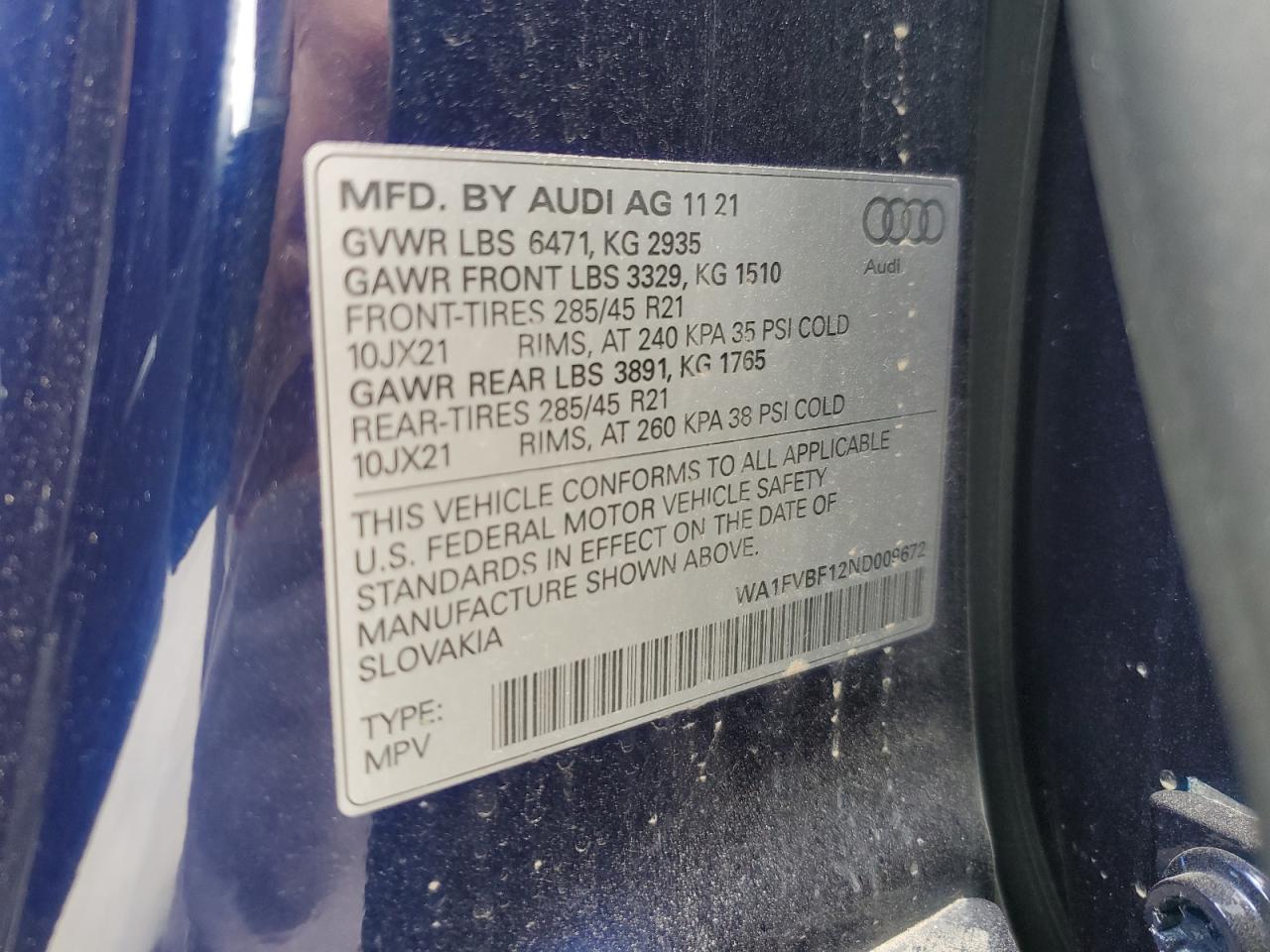 2022 AUDI Q8 PRESTIGE S-LINE VIN:WA1FVBF12ND009672