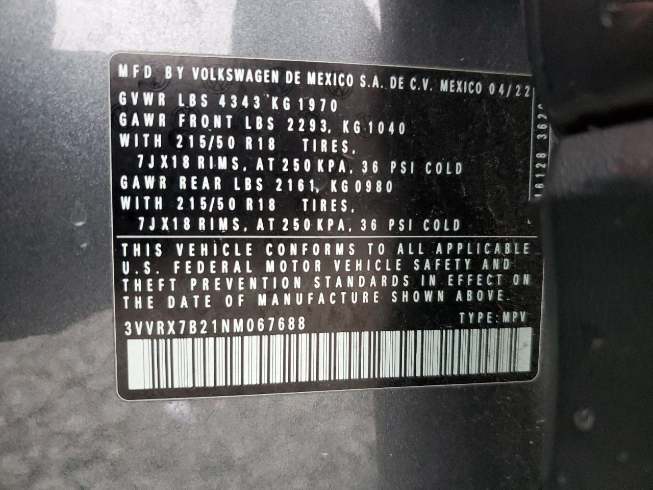 2022 VOLKSWAGEN TAOS SE VIN:3VVRX7B21NM067688