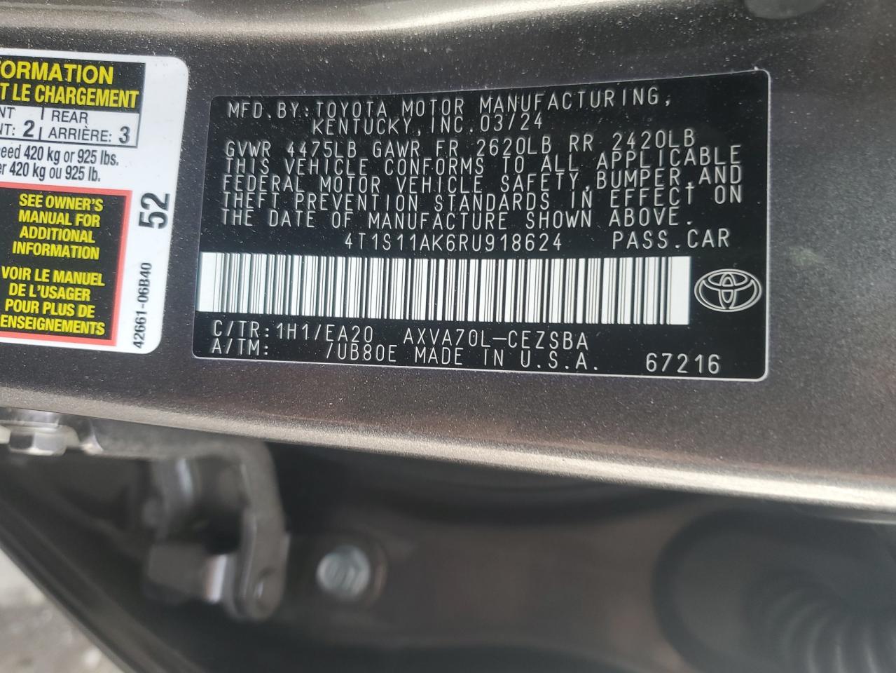 2024 TOYOTA CAMRY SE NIGHT SHADE VIN:4T1S11AK6RU918624