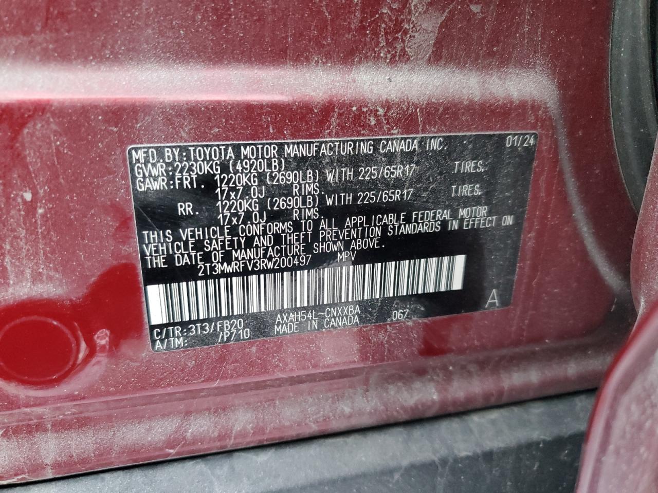 2024 TOYOTA RAV4 LE VIN:2T3MWRFV3RW200497
