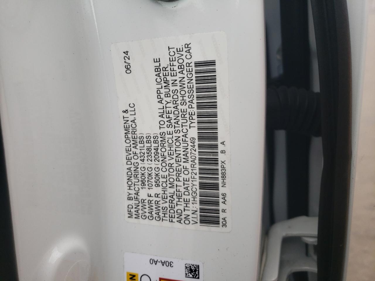 2024 HONDA ACCORD LX VIN:1HGCY1F21RA072449