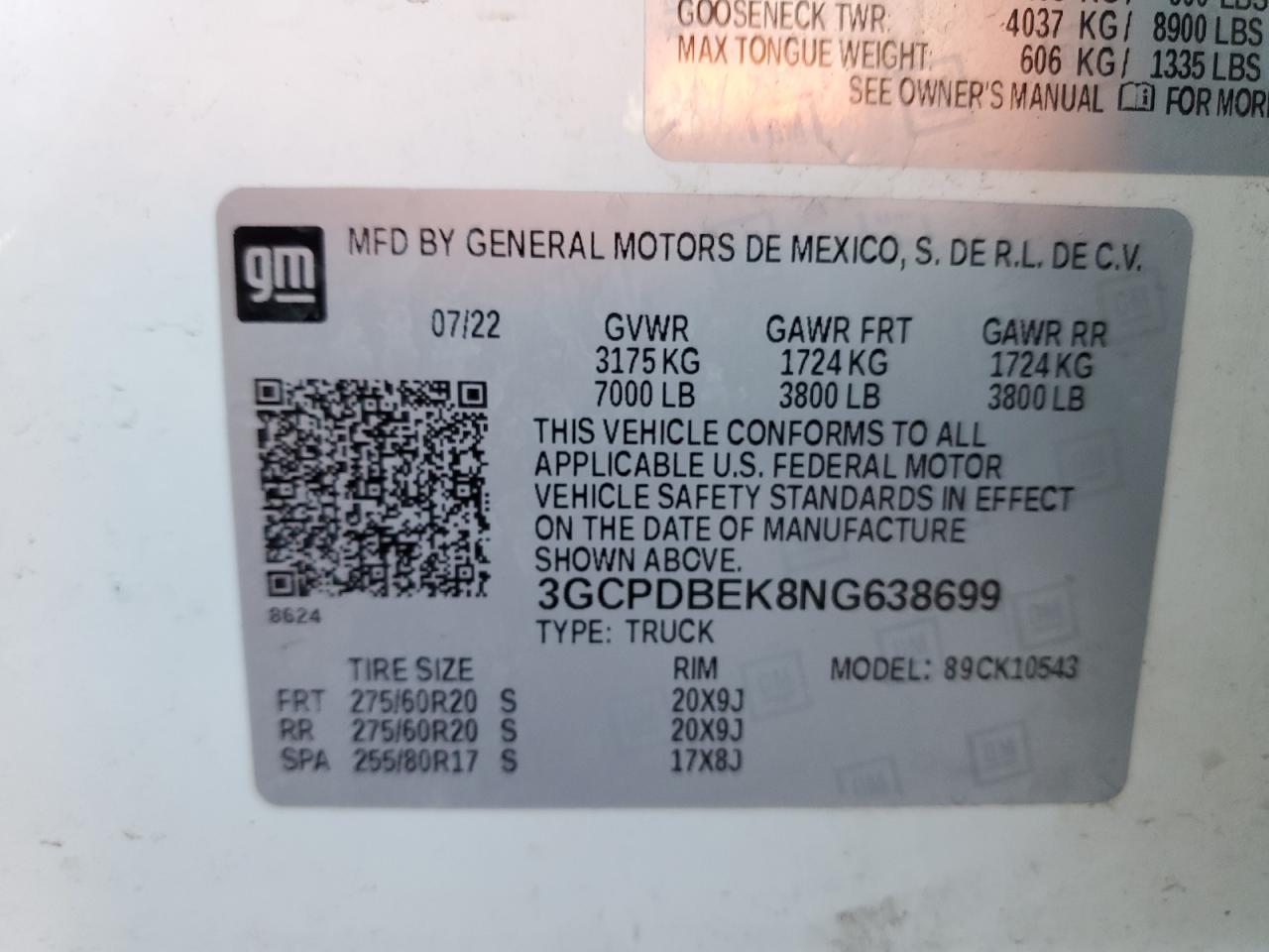 2022 CHEVROLET SILVERADO K1500 CUSTOM VIN:3GCPDBEK8NG638699