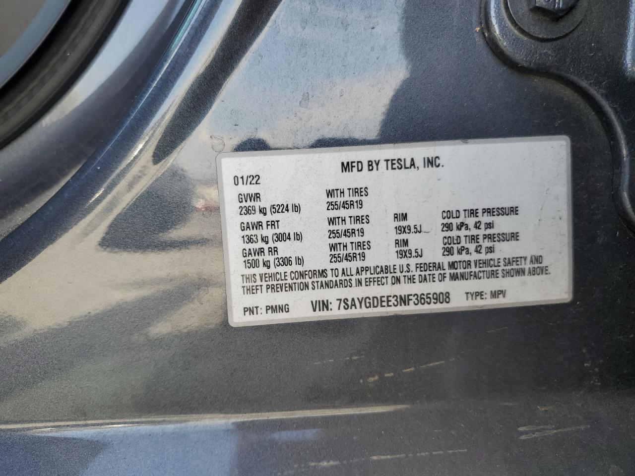 2022 TESLA MODEL Y  VIN:7SAYGDEE3NF365908