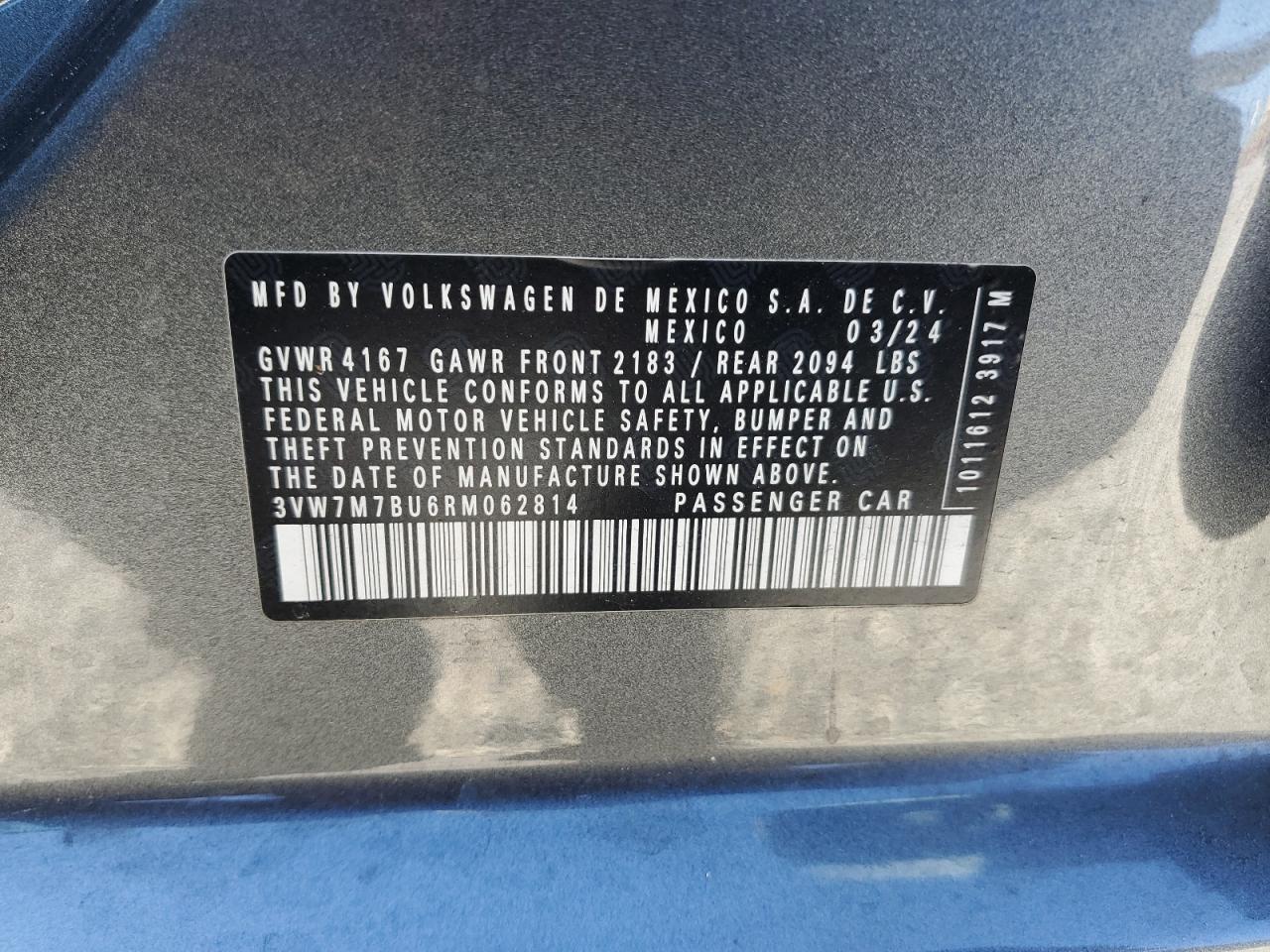 2024 VOLKSWAGEN JETTA SE VIN:3VW7M7BU6RM062814