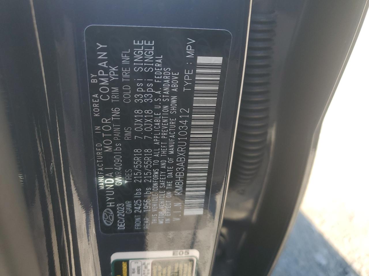 2024 HYUNDAI KONA SEL VIN:KM8HB3ABXRU103412