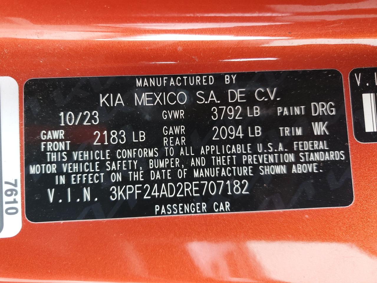 2024 KIA FORTE LX VIN:3KPF24AD2RE707182