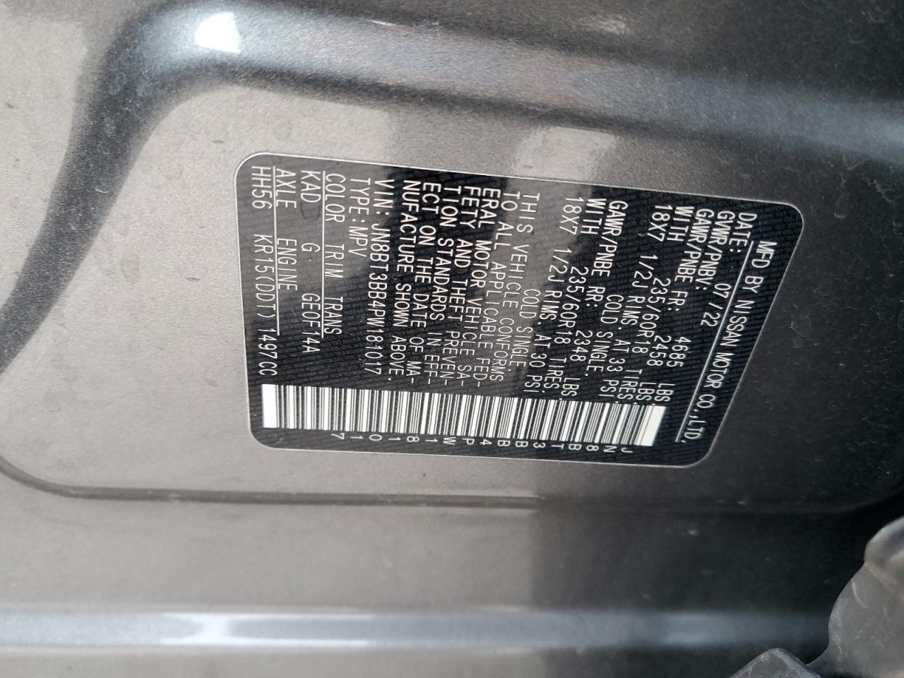 2023 NISSAN ROGUE SV VIN:JN8BT3BB4PW181017