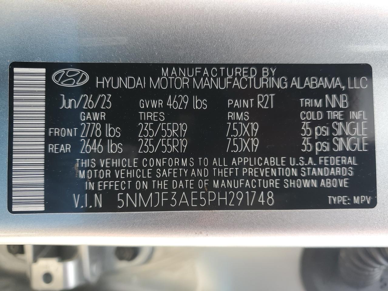 2023 HYUNDAI TUCSON SEL VIN:5NMJF3AE5PH291748