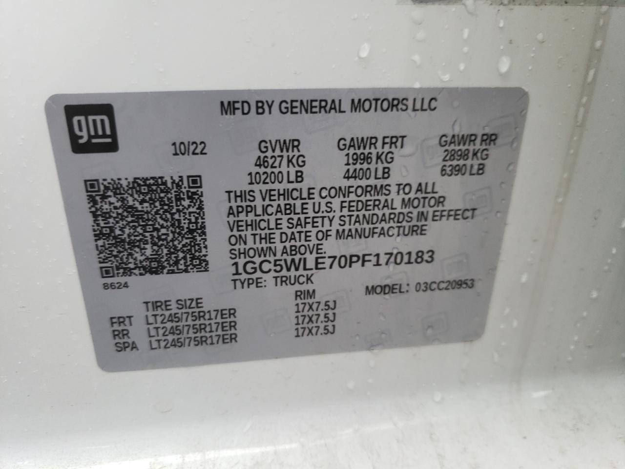 2023 CHEVROLET SILVERADO C2500 HEAVY DUTY VIN:1GC5WLE70PF170183