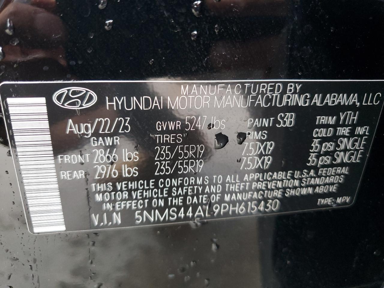 2023 HYUNDAI SANTA FE LIMITED VIN:5NMS44AL9PH615430