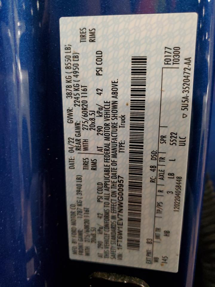 2022 FORD F150 LIGHTNING PRO VIN:1FT6W1EV7NWG00957