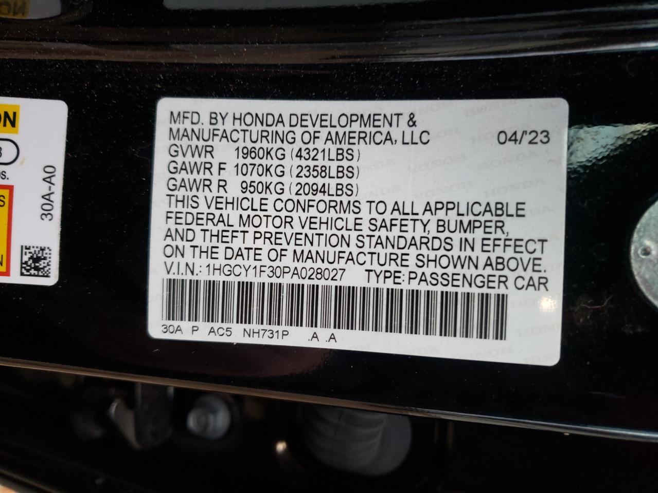 2023 HONDA ACCORD EX VIN:1HGCY1F30PA028027