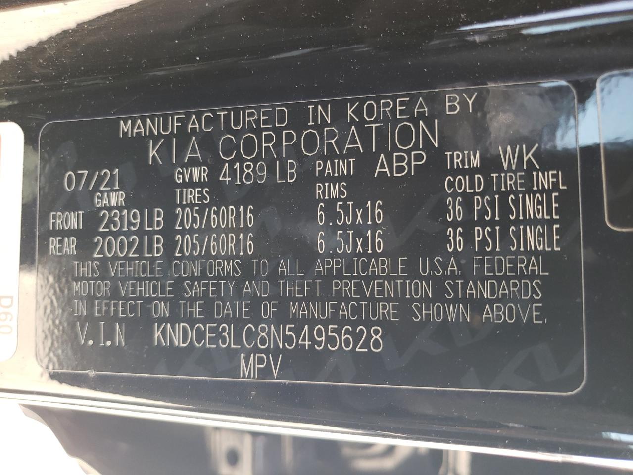 2022 KIA NIRO EX PREMIUM VIN:KNDCE3LC8N5495628