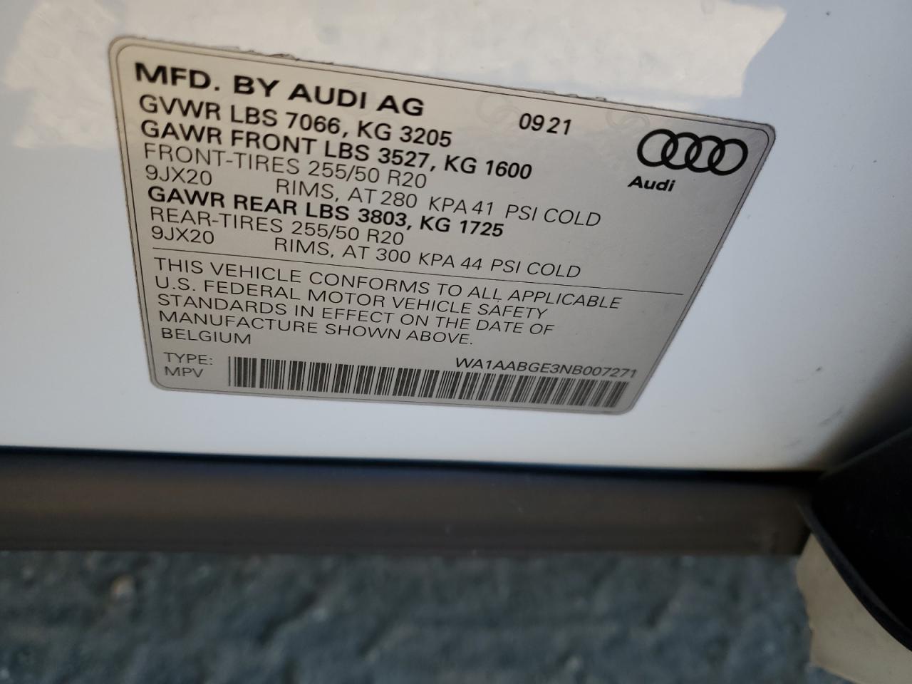 2022 AUDI E-TRON PREMIUM VIN:WA1AABGE3NB007271