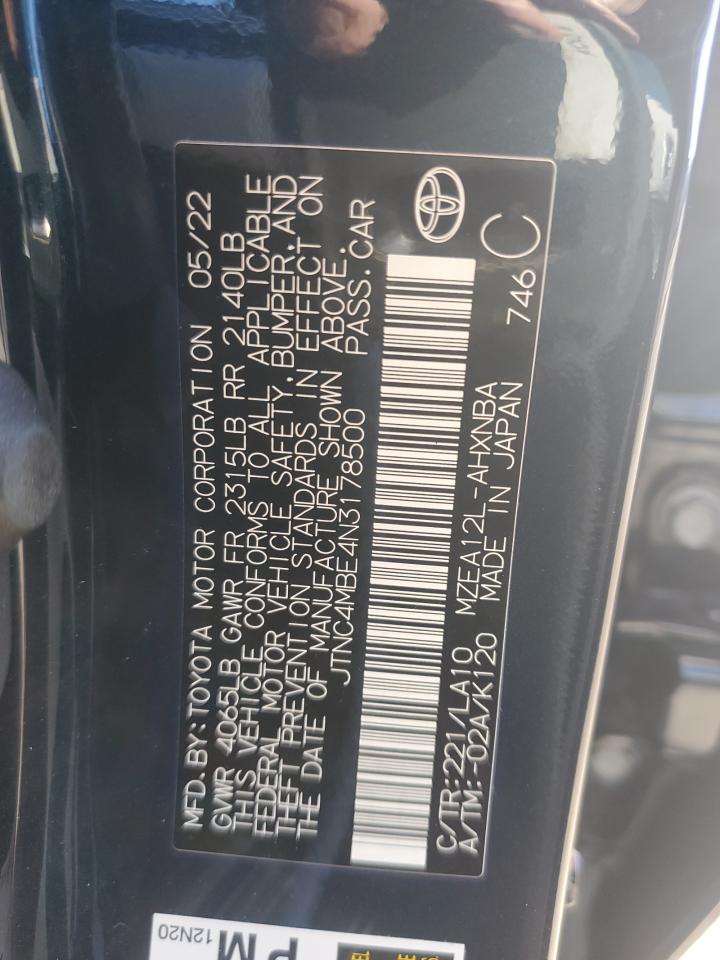 2022 TOYOTA COROLLA XSE VIN:JTNC4MBE4N3178500