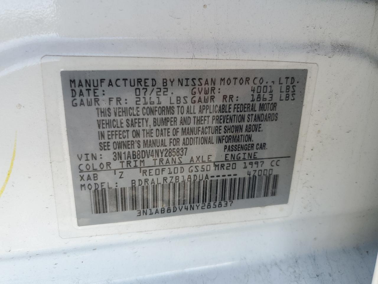 2022 NISSAN SENTRA SR VIN:3N1AB8DV4NY285837