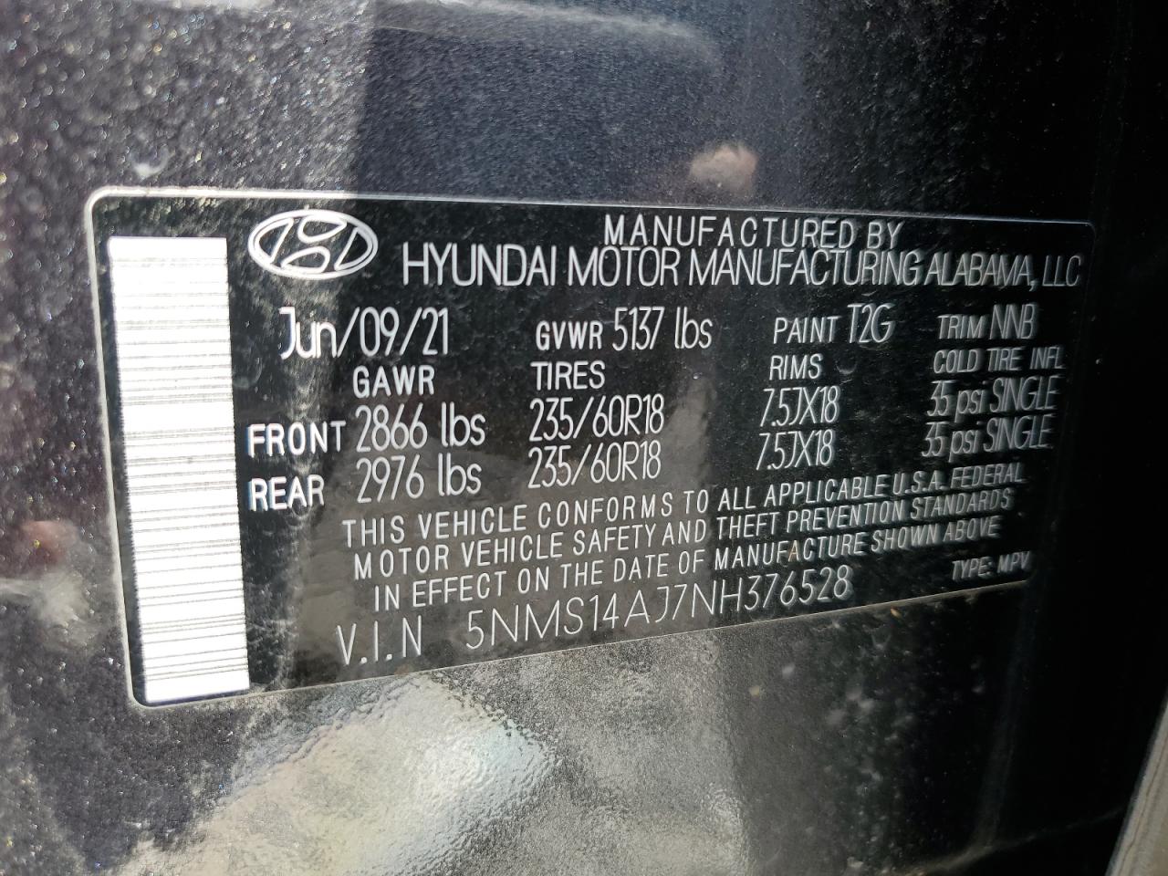 2022 HYUNDAI SANTA FE SE VIN:5NMS14AJ7NH376528