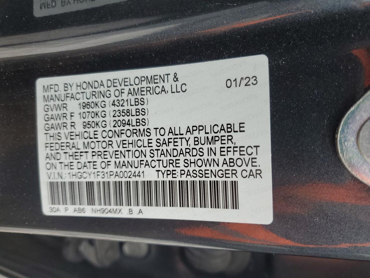 2023 HONDA ACCORD EX VIN:1HGCY1F31PA002441