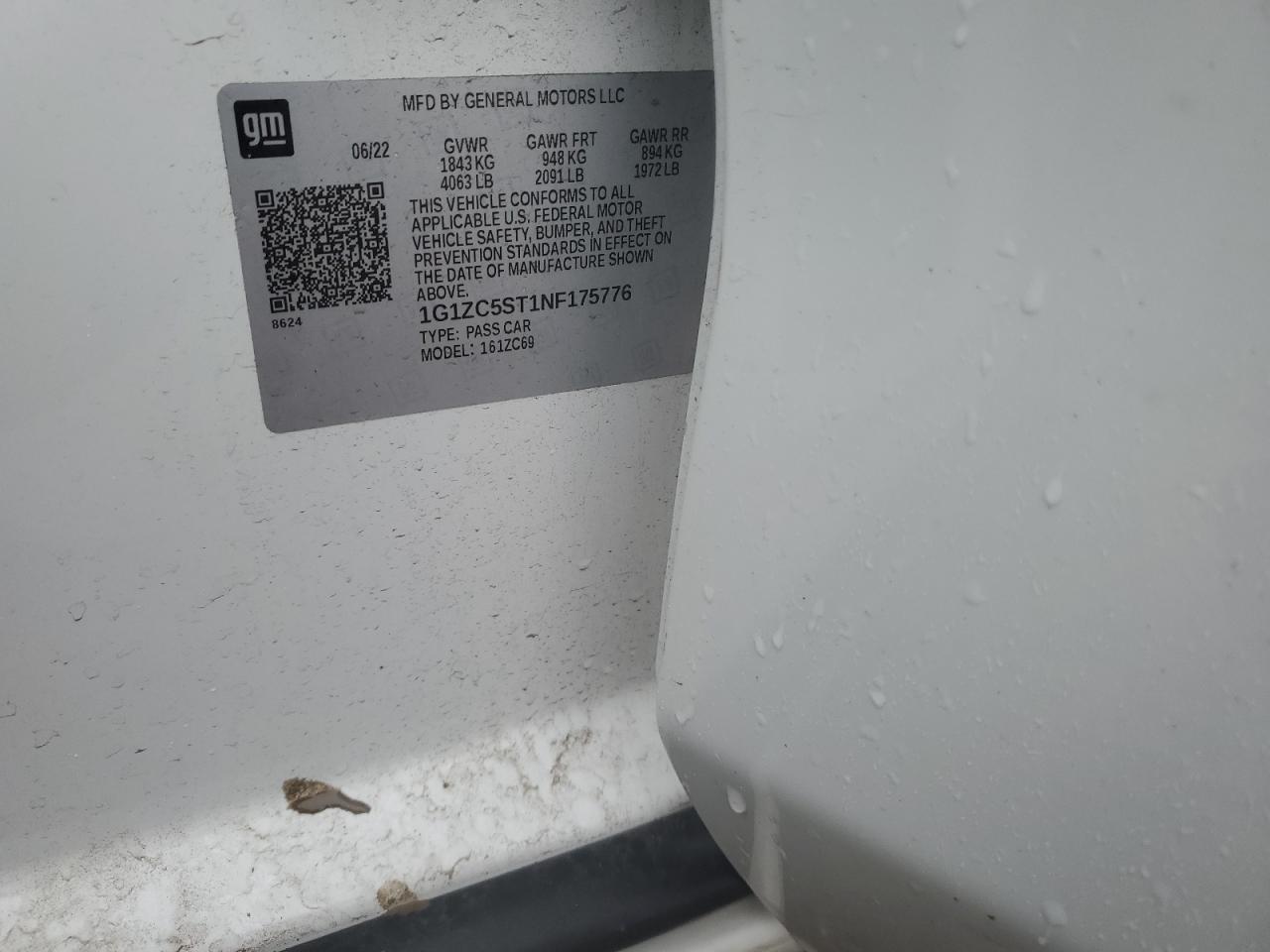 2022 CHEVROLET MALIBU LS VIN:1G1ZC5ST1NF175776