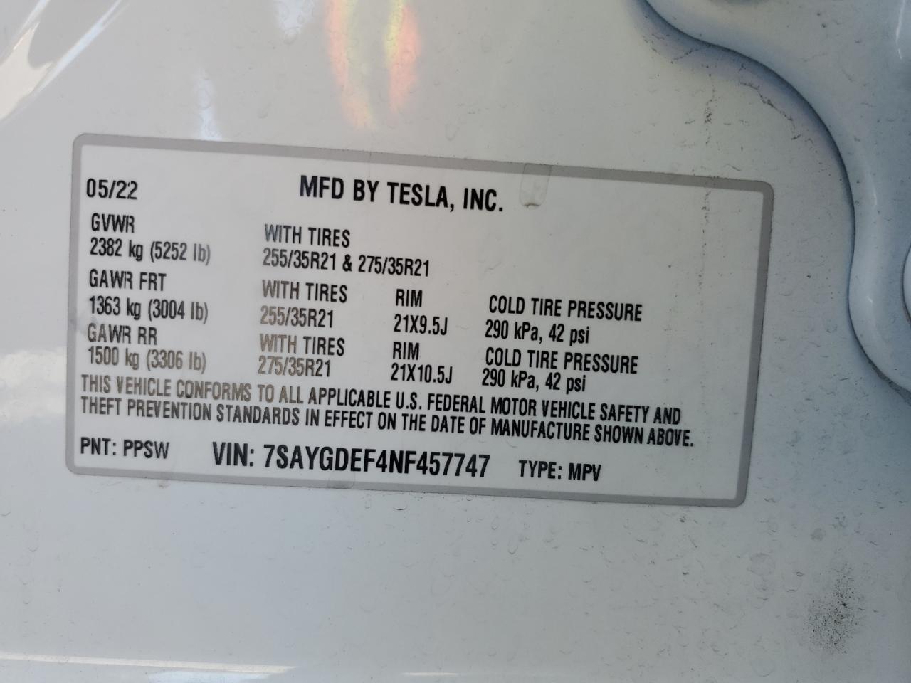 2022 TESLA MODEL Y  VIN:7SAYGDEF4NF457747