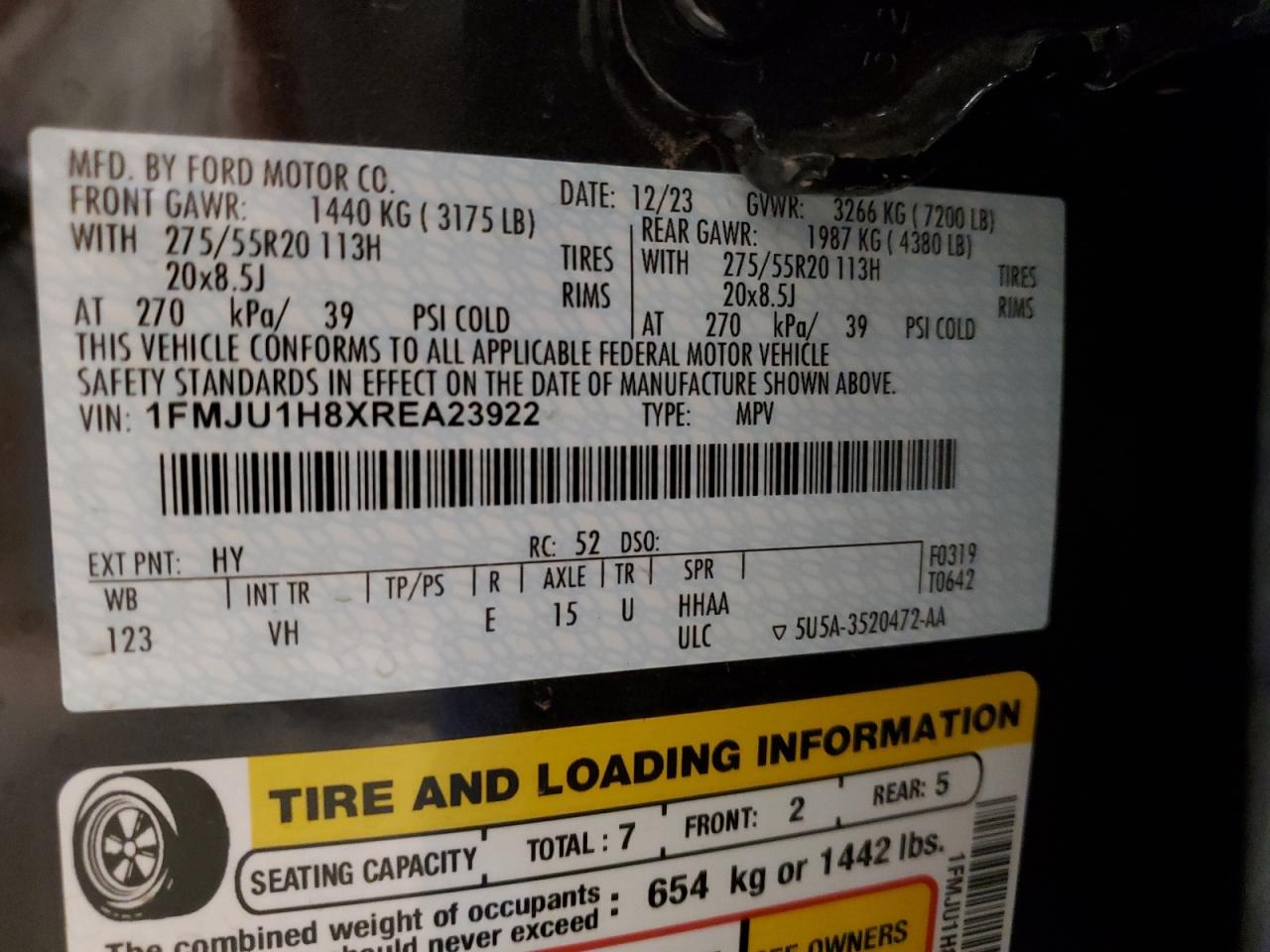 2024 FORD EXPEDITION XLT VIN:1FMJU1H8XREA23922