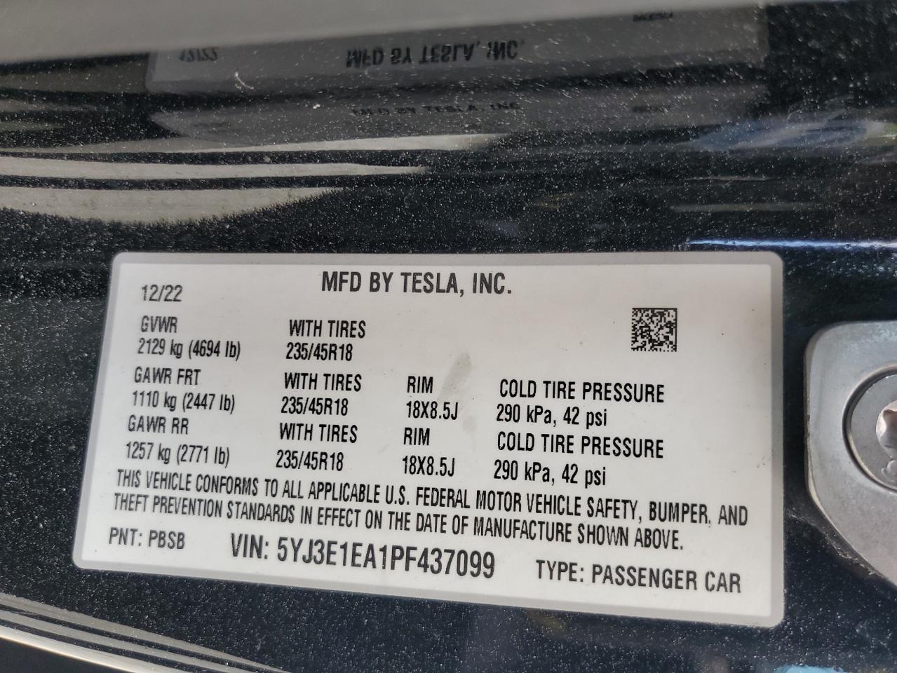 2023 TESLA MODEL 3  VIN:5YJ3E1EA1PF437099