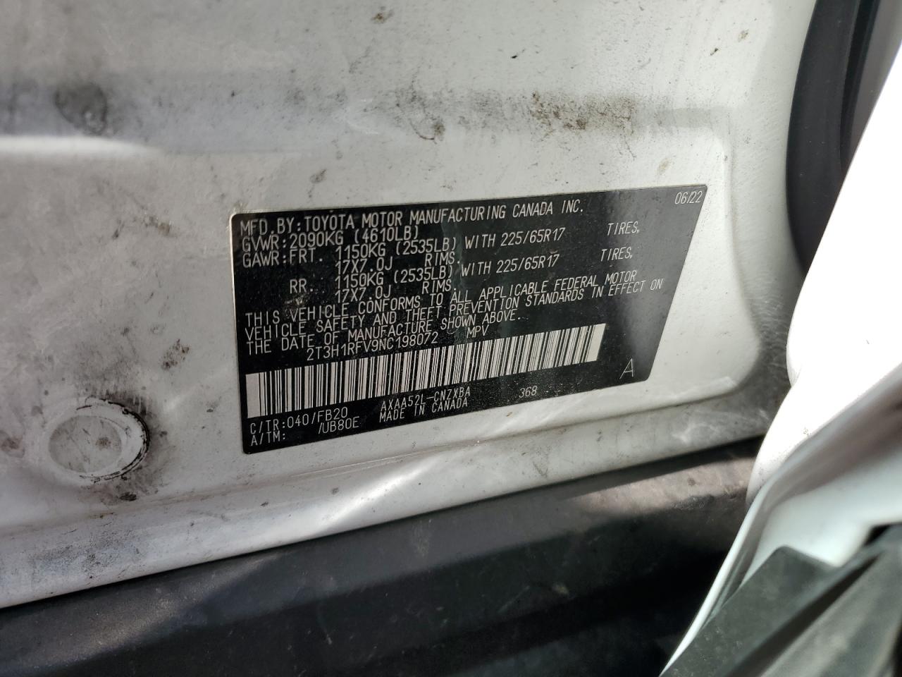 2022 TOYOTA RAV4 LE VIN:2T3H1RFV9NC198072