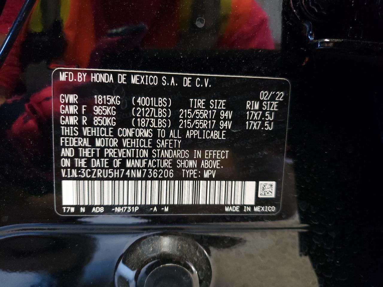 2022 HONDA HR-V EXL VIN:3CZRU5H74NM736206