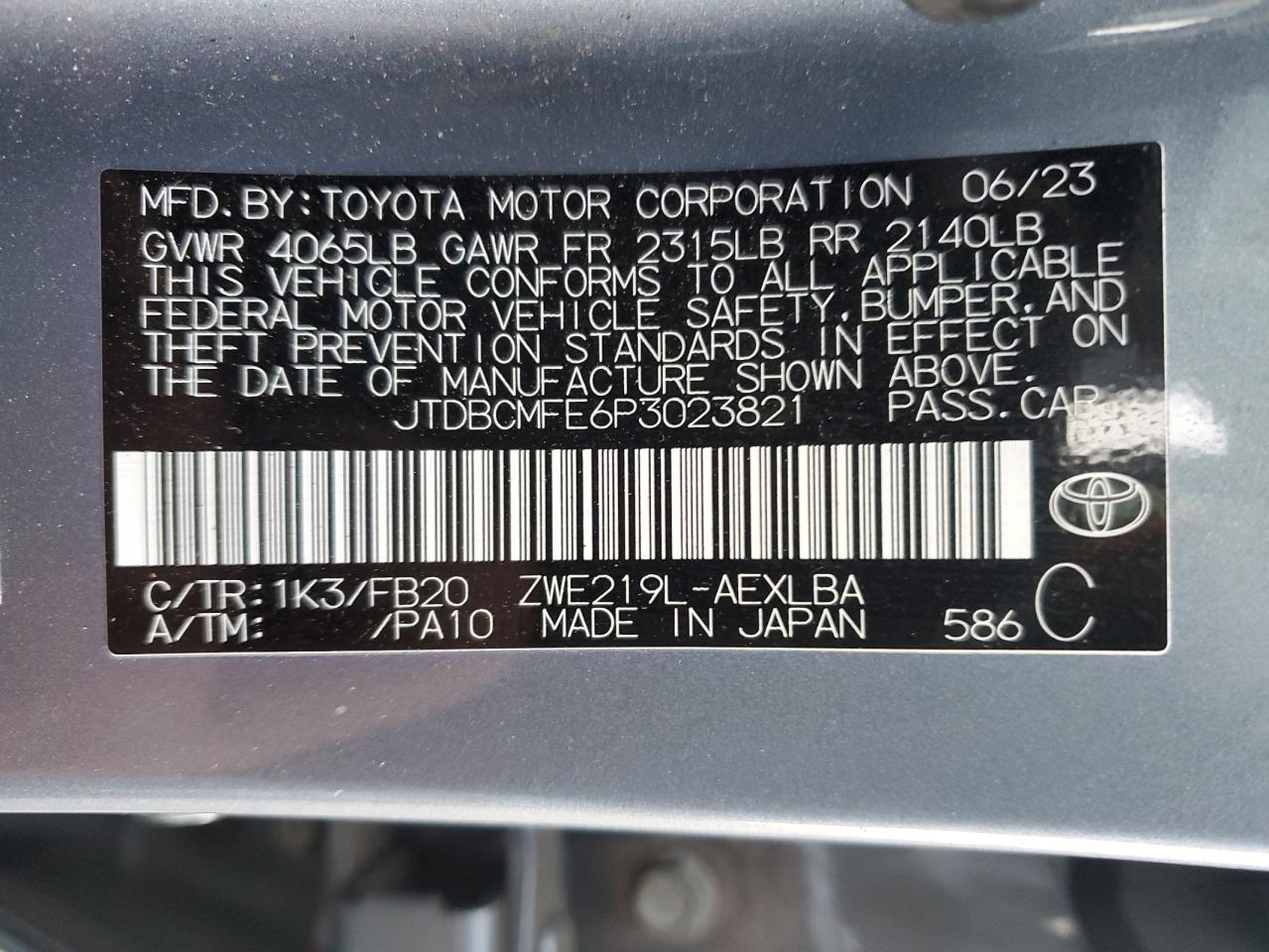 2023 TOYOTA COROLLA LE VIN:JTDBCMFE6P3023821