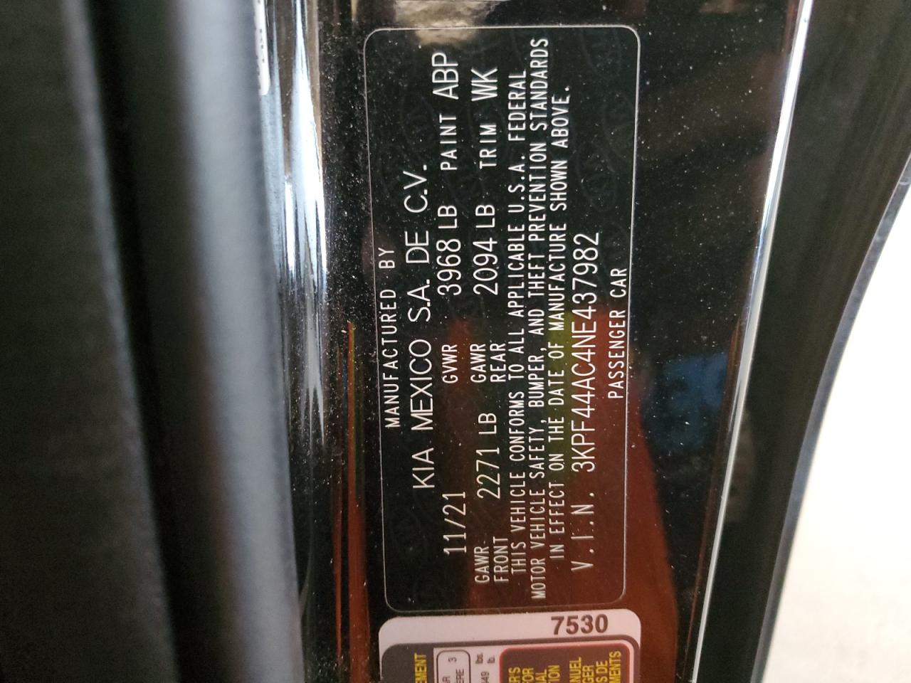 2022 KIA FORTE GT VIN:3KPF44AC4NE437982
