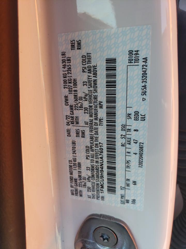 2022 FORD ESCAPE SEL VIN:1FMCU9H94NUA76017