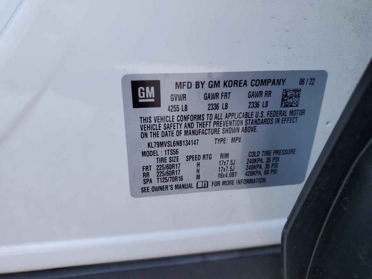 2022 CHEVROLET TRAILBLAZER ACTIV VIN:KL79MVSL6NB134147