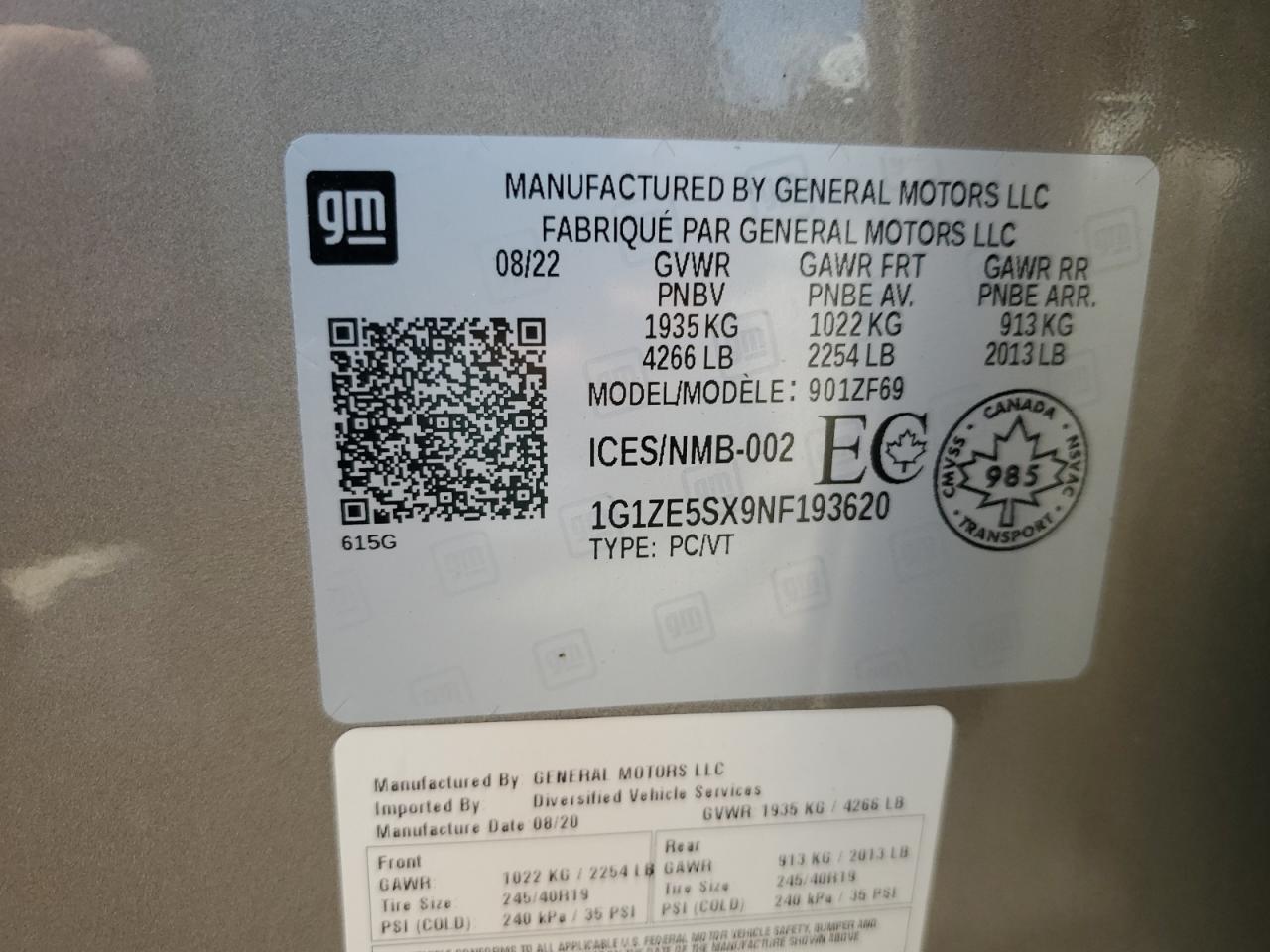 2022 CHEVROLET MALIBU PREMIER VIN:1G1ZE5SX9NF193620