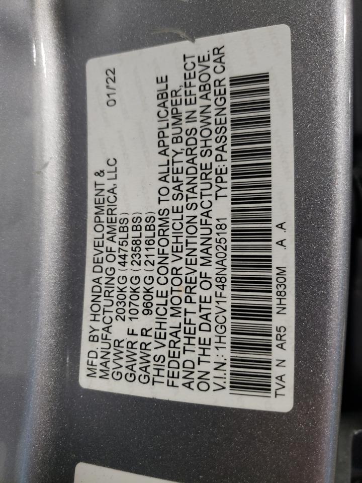 2022 HONDA ACCORD SPORT SE VIN:1HGCV1F48NA025181