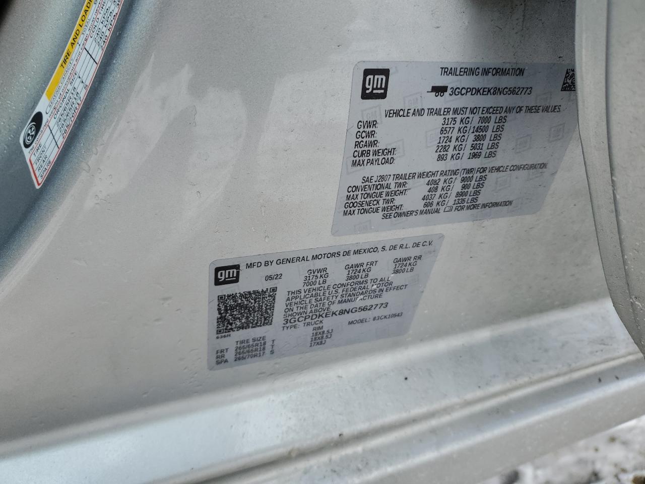 2022 CHEVROLET SILVERADO K1500 LT-L VIN:3GCPDKEK8NG562773