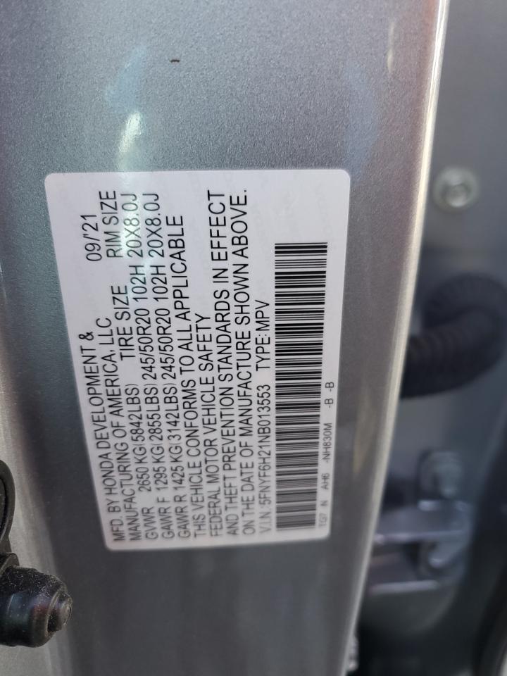 2022 HONDA PILOT SE VIN:5FNYF6H21NB013553