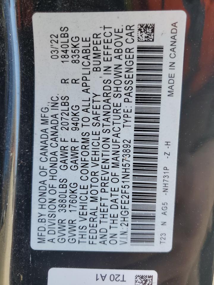 2022 HONDA CIVIC SPORT VIN:2HGFE2F51NH573892