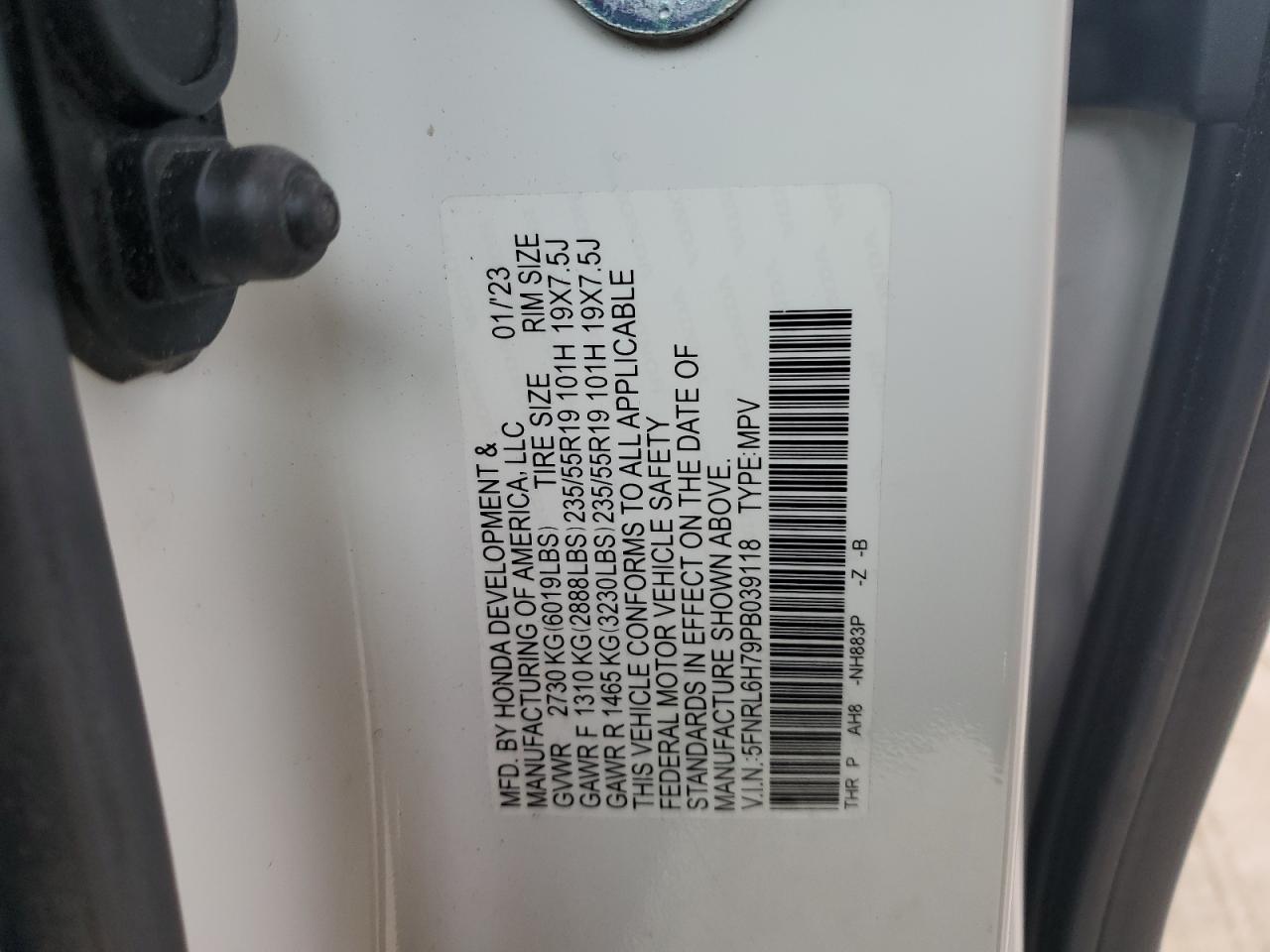 2023 HONDA ODYSSEY SPORT-L VIN:5FNRL6H79PB039118