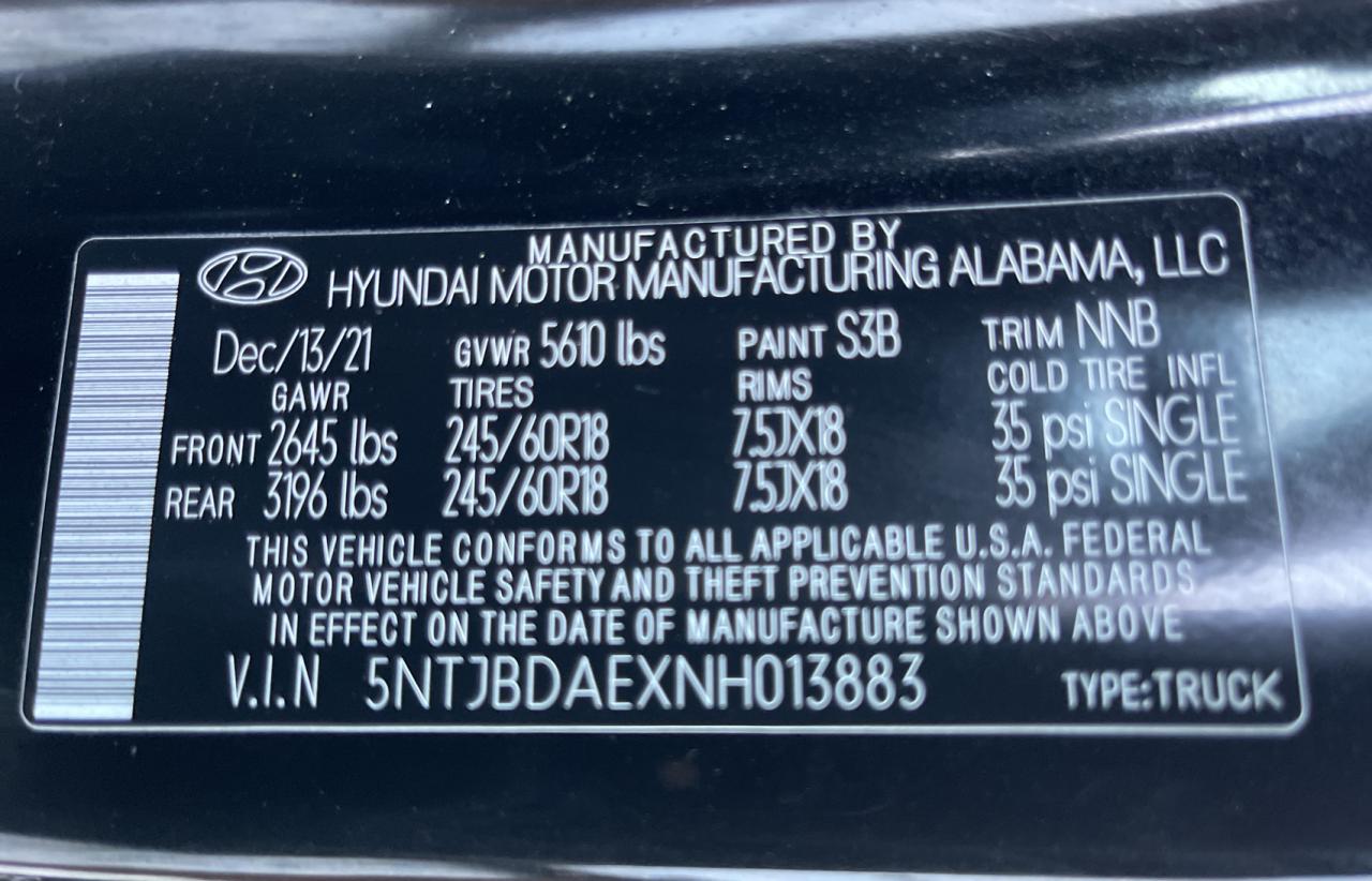 2022 HYUNDAI SANTA CRUZ SEL VIN:5NTJBDAEXNH013883