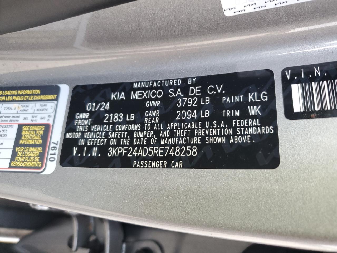 2024 KIA FORTE LX VIN:3KPF24AD5RE748258