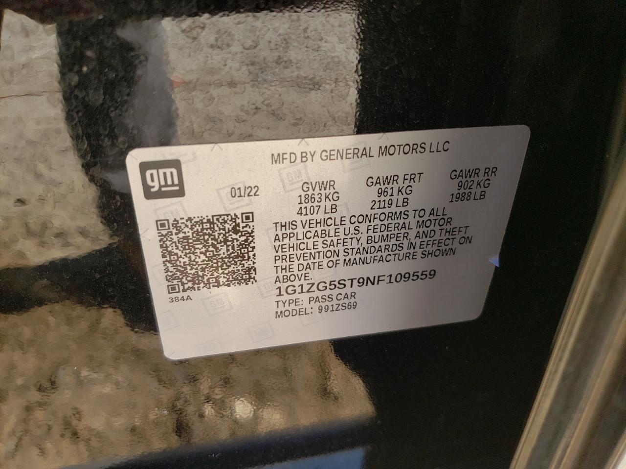 2022 CHEVROLET MALIBU RS VIN:1G1ZG5ST9NF109559