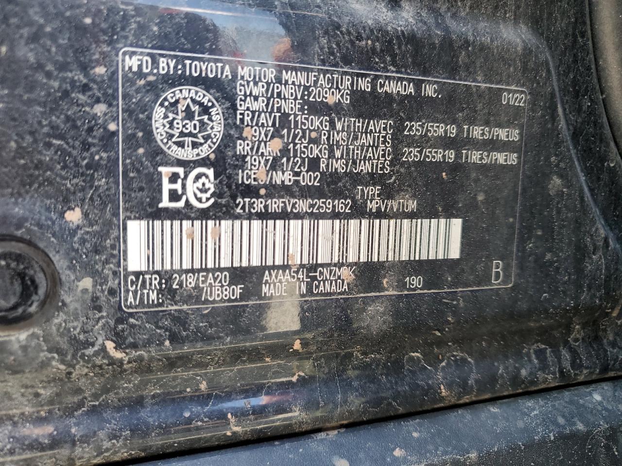 2022 TOYOTA RAV4 XLE VIN:2T3R1RFV3NC259162