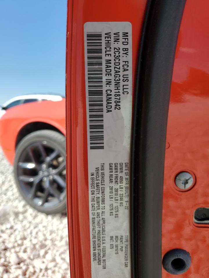 2022 DODGE CHALLENGER SXT VIN:2C3CDZAG3NH187842